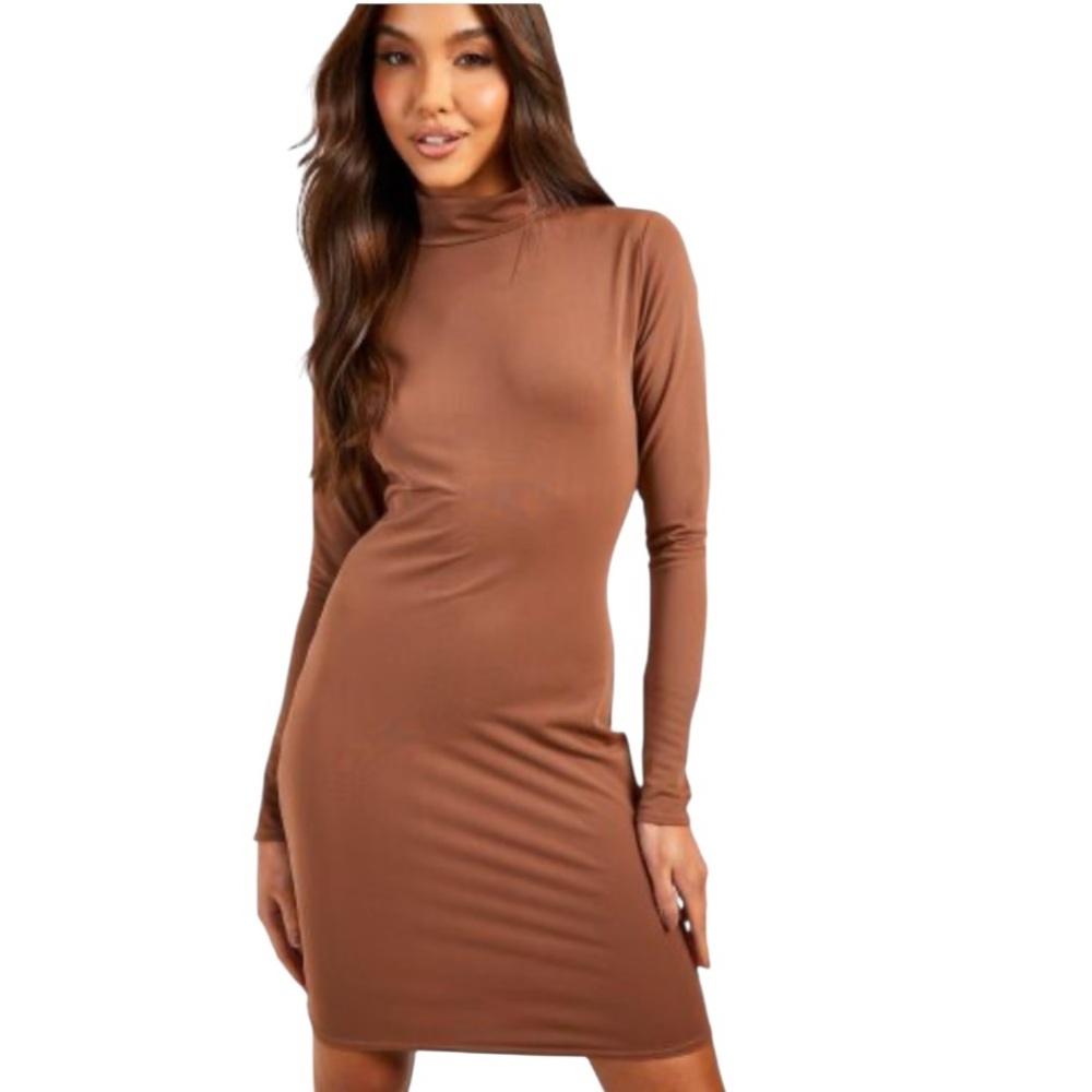 Boutique Chocolate Brown Turtleneck Long Sleeve Bodycon Dress Size XL